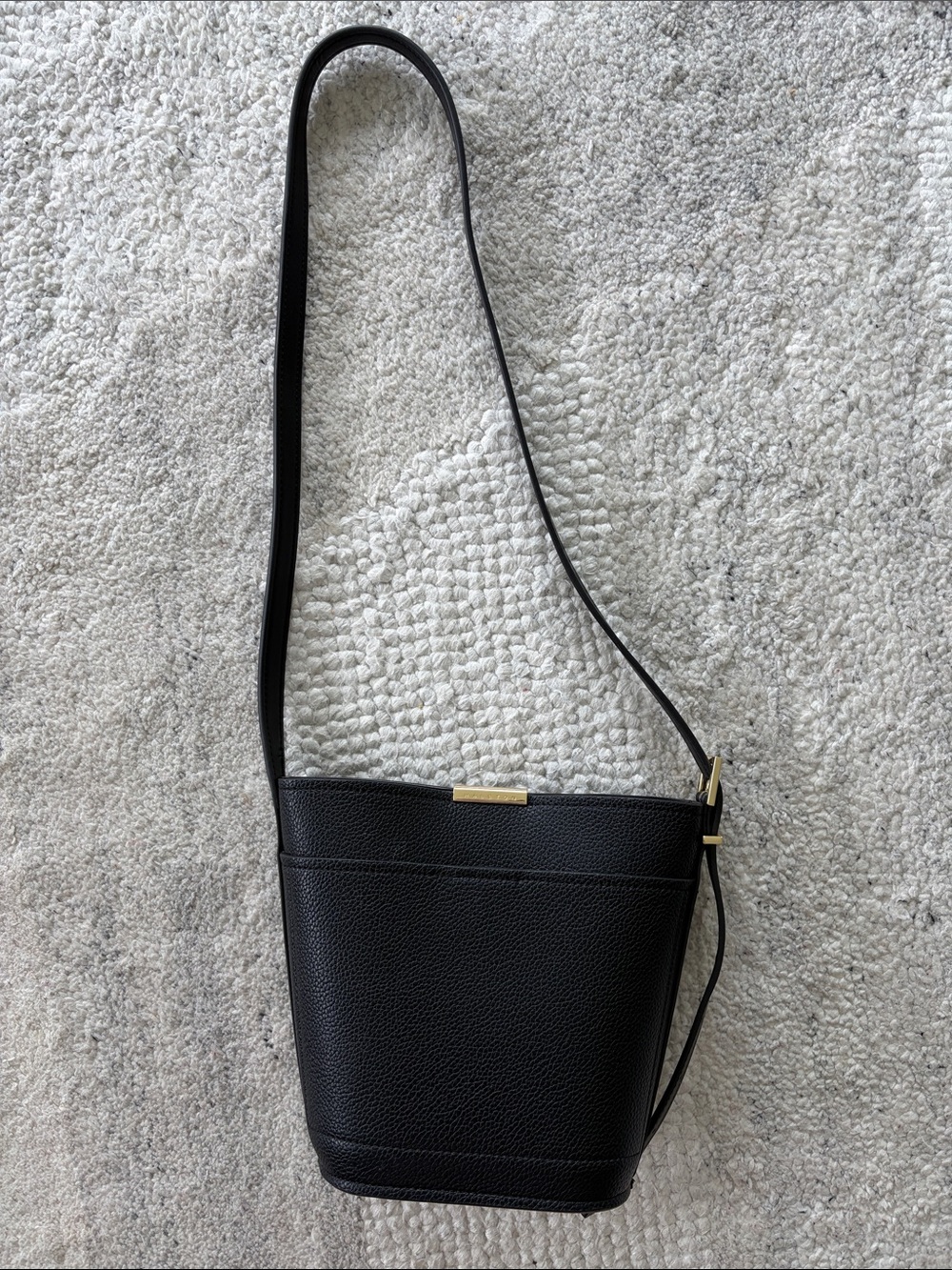 Halston Black Pebbled Leather Bucket Crossbody with Gold Accents
